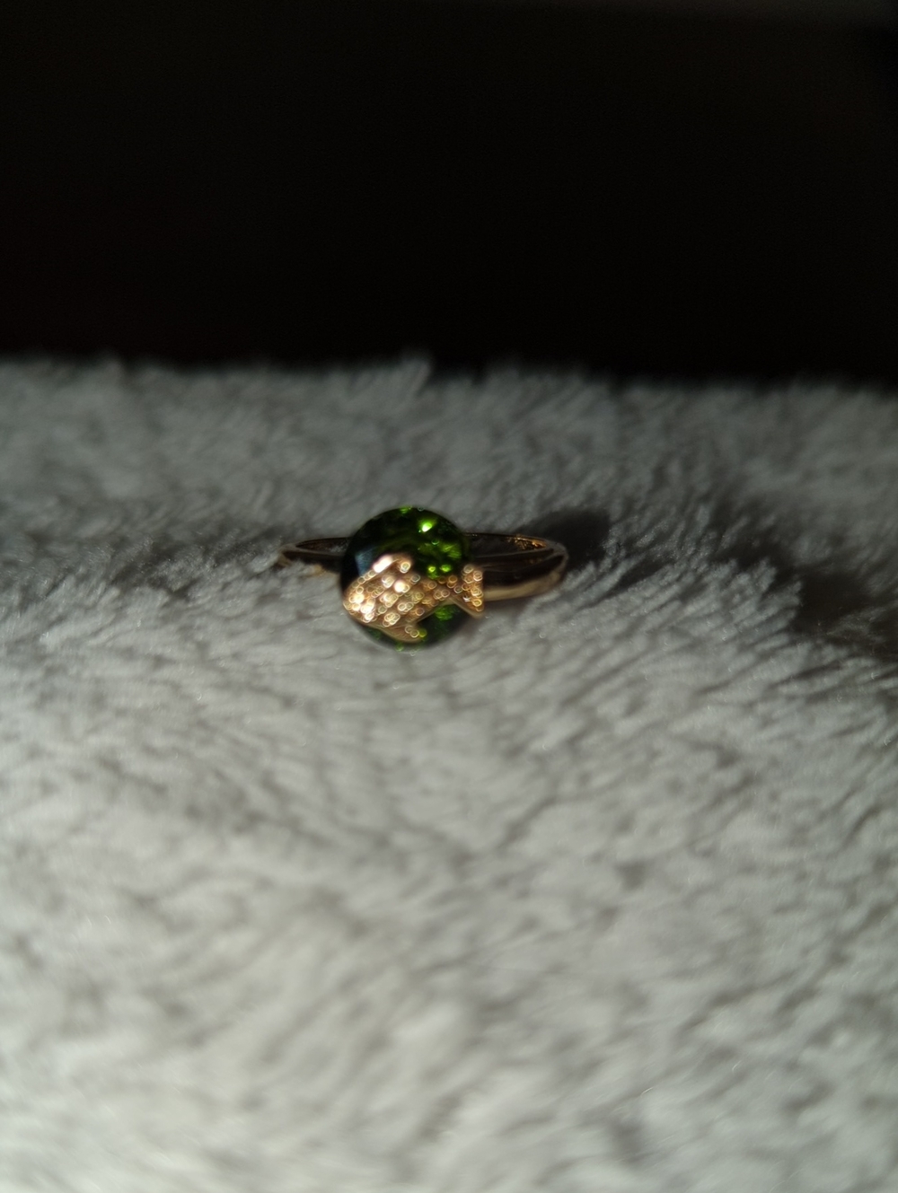 Gold Ring with Fish Green Crystal Accent.